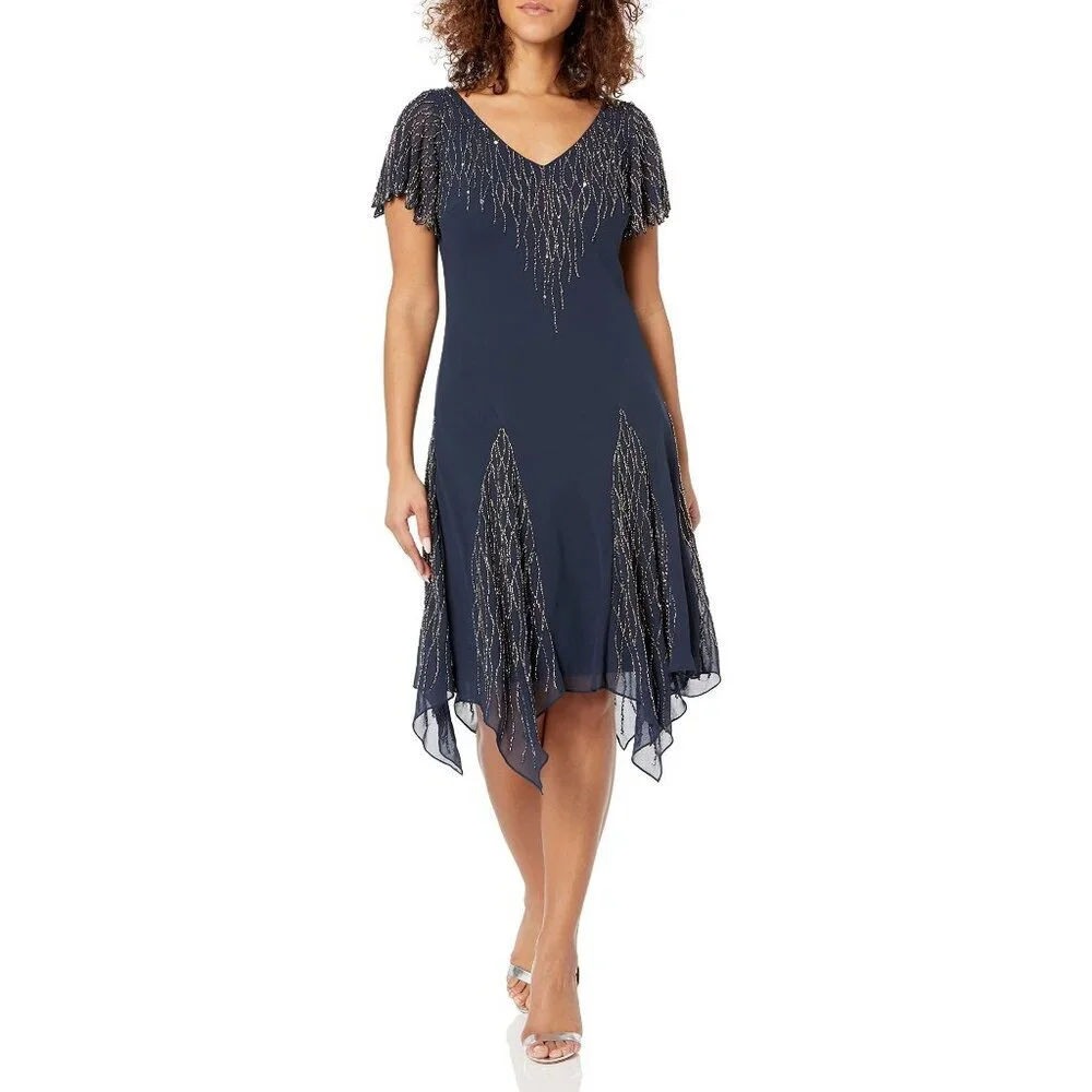 J Kara Women's Hanky Hem Beaded Cocktail Dress, Navy/Mercury, 6 - Picture 1 of 6
